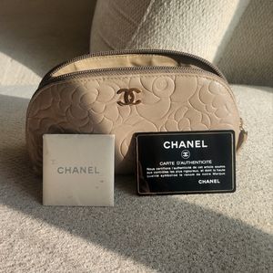 CHANEL Lambskin Leather Camellia Cosmetic Pouch Case Bag